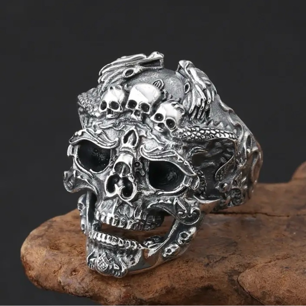Men’s Stainless Steel Silver Vintage Punk Style Skull Adjustable Ring Size 9-13